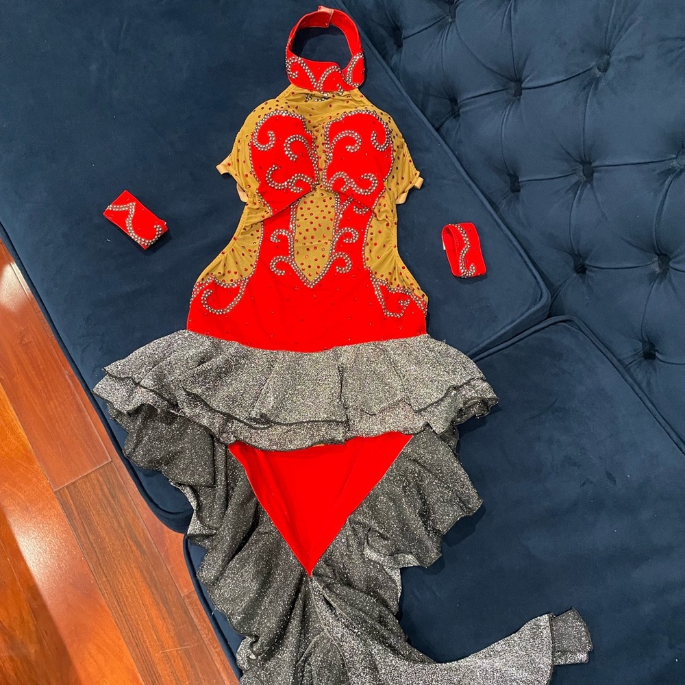 Latin Ballroom competition dance dress in red and gray with rhinestones.